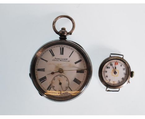 A silver open face pocket watch having a white enamel face with Roman numeral chapter ring with faceted hands and&nbsp;subsid