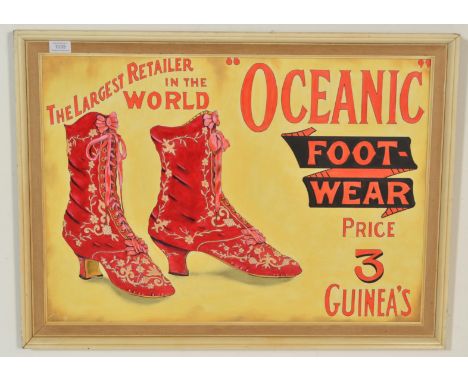 A contemporary oil on board artists impression of a vintage enamelled advertising sign for Oceanic Foot Wear 'The Largest Ret