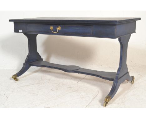 A vintage 20th Century painted shabby chic occasional / side / coffee table, flared top with single draw raised on shaped end