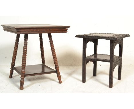 A Victorian 19th century oak William &amp; Mary revival side / lamp table being raised on bobbin turned legs united by square