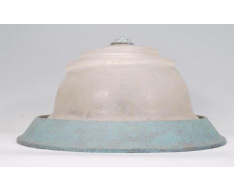 A large Art Deco style heavy glass porch / ceiling light fixture having a large frosted glass dome with spiral detail, ceilin