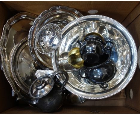 A collection of silver plate including a punch bowl, ladle, cups, etc.