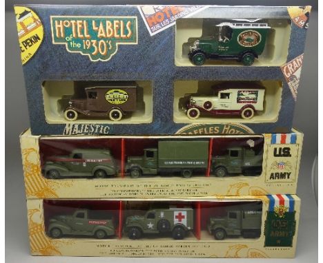 Two Lledo U.S. Army Collection model vehicle sets and a Day's Gone Hotel Labels of the 1930's model vehicle set