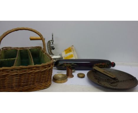 Assorted kitchenalia to include a set of scales, a glass rolling pin and a Spong mincer