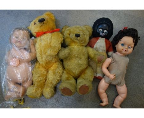 Three dolls and two Teddy bears, including Chad Valley