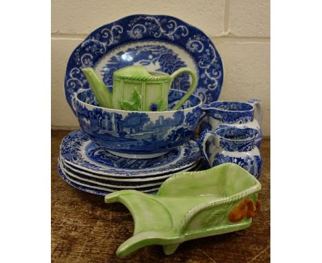 Copeland Spode Italian blue and white china, one other blue and white plate, and a Royal Worcester Evesham Orchard watering c