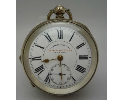 A silver English lever pocket watch, JG Graves of Sheffield, The Midland Lever, Swiss case