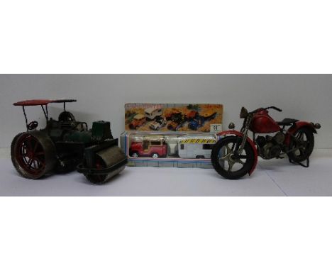 A modern tinplate model steam engine and motorcycle and a die-cast Tran Sporter, boxed