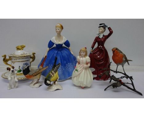 Two Royal Doulton figures, Nina, HN2347 and Flowergirl, HN3602, a Francesca Art figure, a Goebel Redstart and Titmouse, Titmo