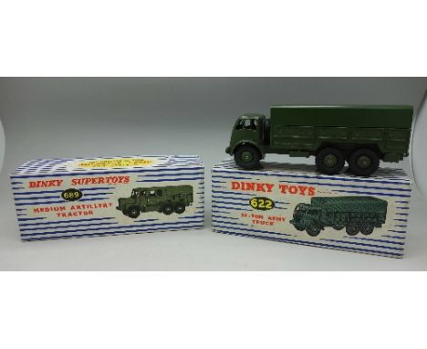 A Dinky Toys 622 10-ton army truck, boxed, and a box for a 689 medium artillery tractor