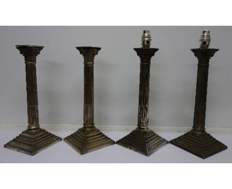 Two pairs of plated candlesticks, one pair converted to lamp bases