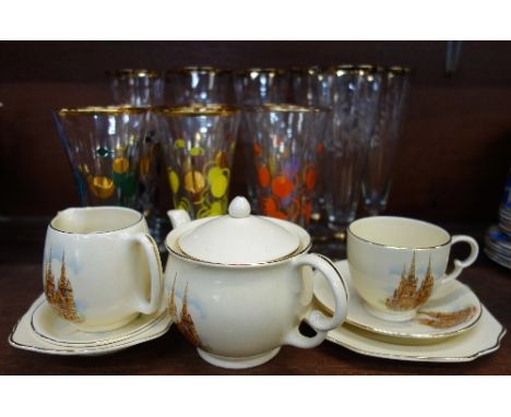 Crown Devon Lichfield Cathedral teaware, a set of six 1960's/70's coloured tumblers and six knickerbocker glory glasses