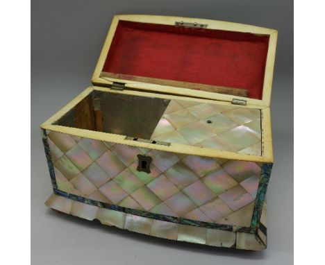 A George III mother of pearl tea caddy, a/f, width 21cm
