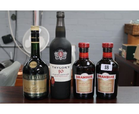2 Bottles of Drambuie Scotch Whisky 50cl, Bottle of Taylors 10 Year old Tawny Port and a bottle of VSOP Three Barrels 