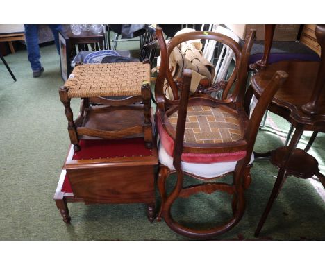 Pair of upholstered Balloon back chairs, Seagrass stool and a Mahogany commode 