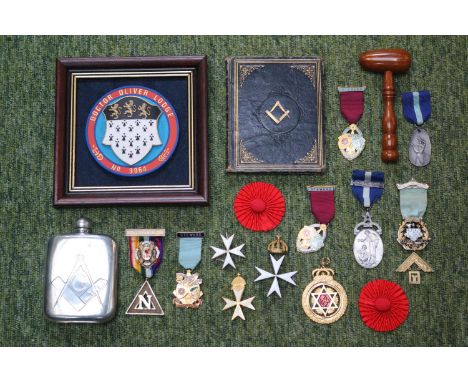 Good Collection of Masonic Medallions mainly Silver, Masonic Pewter Spirit flask etc 