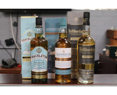3 Boxed Whiskies to include Glan Keith Single Malt Scotch Whisky Distillery Edition, Shackleton blended Scotch Whisky and Tul