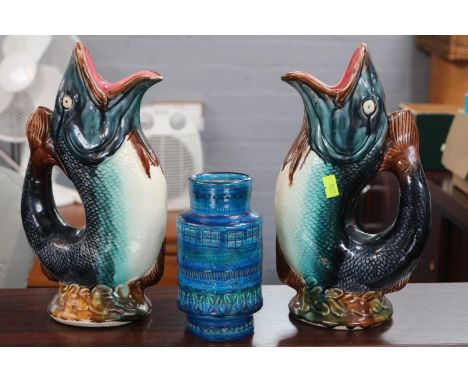 Bitossi Turquoise Studio pottery vase and 2 Majolica Gurgler Jugs 