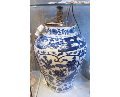 TABLE LIGHT, of very substantial proportions, Vaughan style, blue and white Chinese design, base 60cm H x 41cm W.