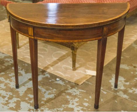 DEMI LUNE CARD TABLE, George III mahogany, tulipwood banded and line inlaid with green baize playing surface, 73cm H x 91cm W