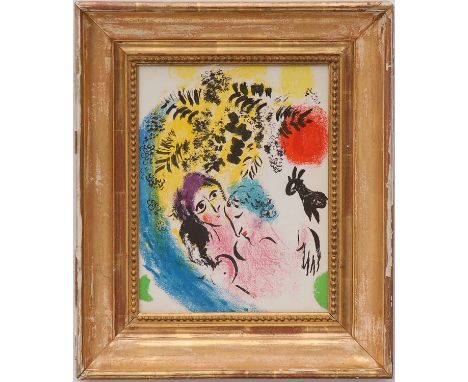 MARC CHAGALL 'Lovers with Red Sun', lithograph, 1960, ref: Mourlot, catalogue raisonné 285, 32cm x 25cm, framed and glazed.