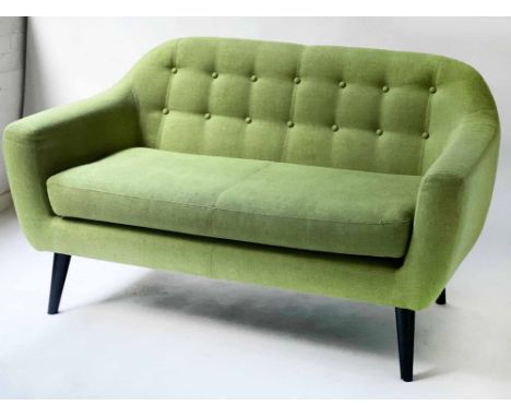 SOFA, 1960's style with button back in light green fabric on outswept splayed supports, 145cm W.