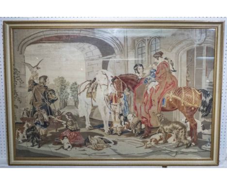 NEEDLEWORK, depicting the Return of a Medieval Hunting Party, 112cm x 75cm, framed and glazed.