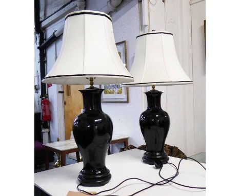 CERAMIC LAMPS, a pair, Chinese black with shades, 90cm H. (2)