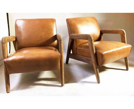 ARMCHAIRS, a pair, English 1970's Danish style grey oak framed and original light brown leather effect upholstery, 65cm W. (2