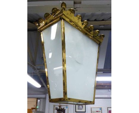HANGING TRAPEZIUM LIGHT, in brass and finished in rusted gilt lacquer, 50cm H x 46cm x 27cm.