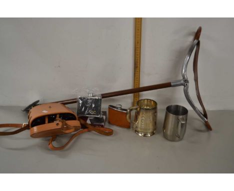 Mixed Lot: Shooting stick, binoculars in leather case, hip flasks etc