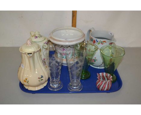 Tray of various mixed wares to include teapot, Spode jug, glass vases etc