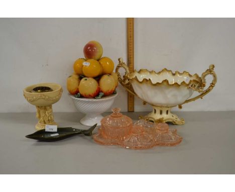 Mixed Lot: Porcelain model fruit, a Moore Bros centre piece (cracked), peach glass dressing table set and other items