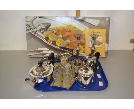 Mixed Lot: Various silver plated tea wares, candlesticks, cruet set and a Guy Degrenne fish service
