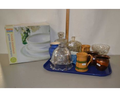 Boxed Martha Stewart glass dinner ware together with a tray of various assorted glass wares to include light shades, copper v