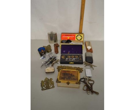 Box of various mixed items to include bottle openers, fly shaped trinket box, cased Philip Harris chemists weight set and oth