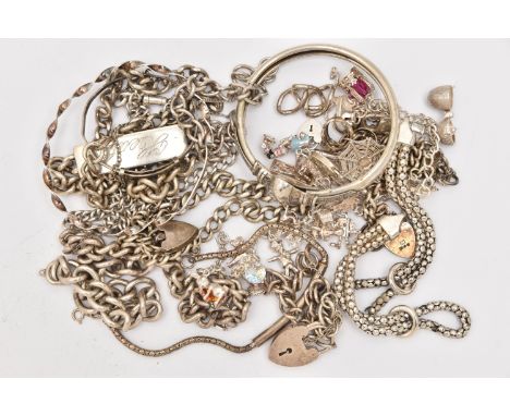 A LARGE ASSORTMENT OF SILVER AND WHITE METAL JEWELLERY, to include two white metal charm bracelets both stamped 'Silver/Sterl