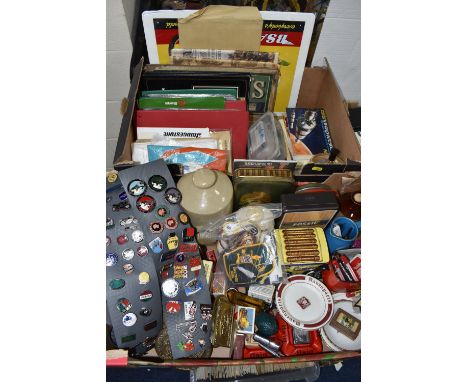 TWO BOXES OF ASSORTED VINTAGE EPHEMERA AND COLLECTABLES to include assorted patches and stickers including Scouting, racing, 