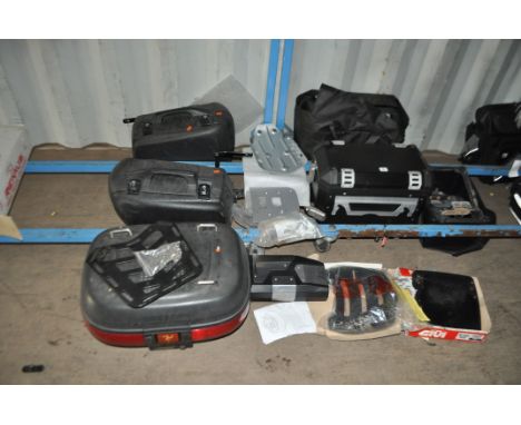 A SELECTION OF HARD SHELL MOTORCYCLE LUGGAGE  including a pair of SW-Motech paniers with one key, but no mounting frames, a p