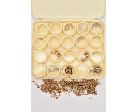 A STORAGE CONTAINER WITH POTS OF YELLOW AND WHITE METAL JEWELLERY FINDINGS, various small pots with yellow metal earrings stu