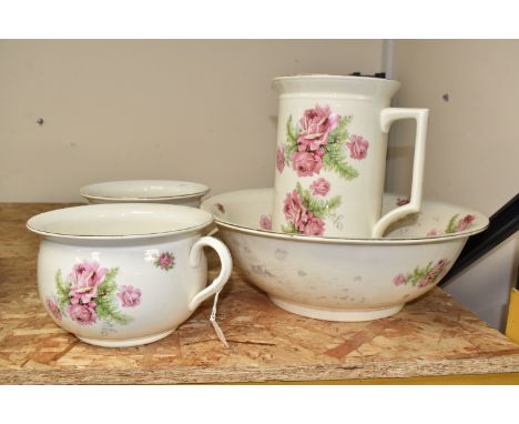 A GROUP OF SCOTCH IVORY CERAMICS, comprising a wash basin and jug, diameter 39cm, height of the jug 28cm, (heavy crazing and 