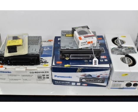 A GROUP OF VEHICLE AUDIO EQUIPMENT, comprising a boxed Panasonic CQ-C1311NW WMA MP3 CD player/receiver, a boxed Panasonic CQ-