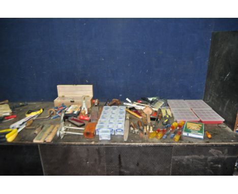 TWO TRAYS CONTAINING CARPENTRY TOOLS, including a Stanley No.50 plough plane with cutters, an Acorn No.4 plane, a wooden 17in