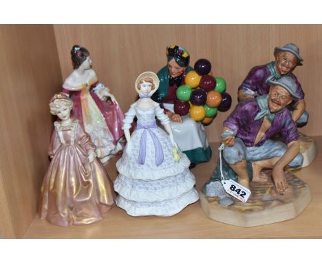 A GROUP OF ROYAL DOULTON AND ROYAL WORCESTER FIGURINES comprising four Royal Doulton figurines to include two 'Beachcomber' f