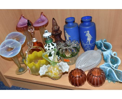 A COLLECTION OF MAINLY VICTORIAN GLASSWARE, to include a cased basket with three sectioned wavy rim, and uranium glass handle