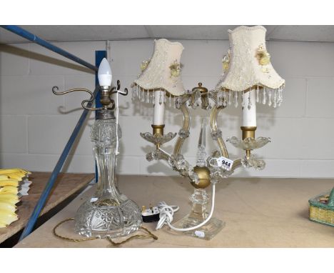 TWO DECORATIVE TABLE LAMPS, comprising a cut glass parlour lamp base, (no shade), vintage twisted cord, height 46cm and a can
