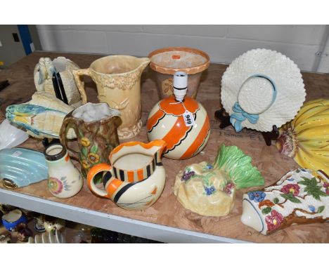 A GROUP OF CERAMICS, to include a Clarice Cliff 'Sundew' pattern vase with plated rim, height 12cm, a collection of wall pock
