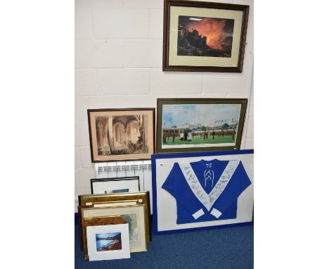 A SIGNED BIRMINGHAM CITY FOOTBALL SHIRT AND ASSORTED PRINTS, the replica old style shirt bears twenty-two signatures, most ar