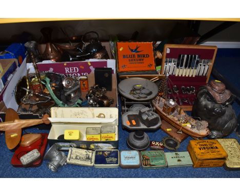 THREE BOXES AND LOOSE MISCELLANEOUS SUNDRIES to include a quantity of vintage tobacco, biscuit, and sweet tins, a Type 6 Prot