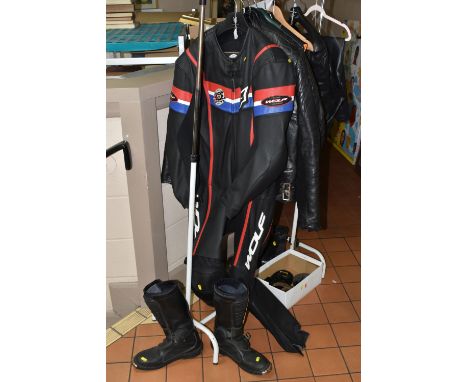 A COLLECTION OF MOTORCYCLE LEATHERS, to include a Wolf one piece race suit size UK 46, two jackets, one Second Skin brand, ap